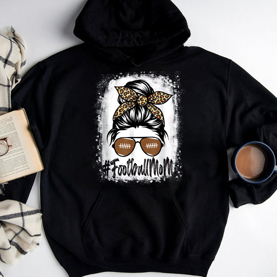 Football Mom Shirt Bleached Football Mom Life With Leopard and Messy Bun Player T-Shirt Mothers Day Shirts for Women