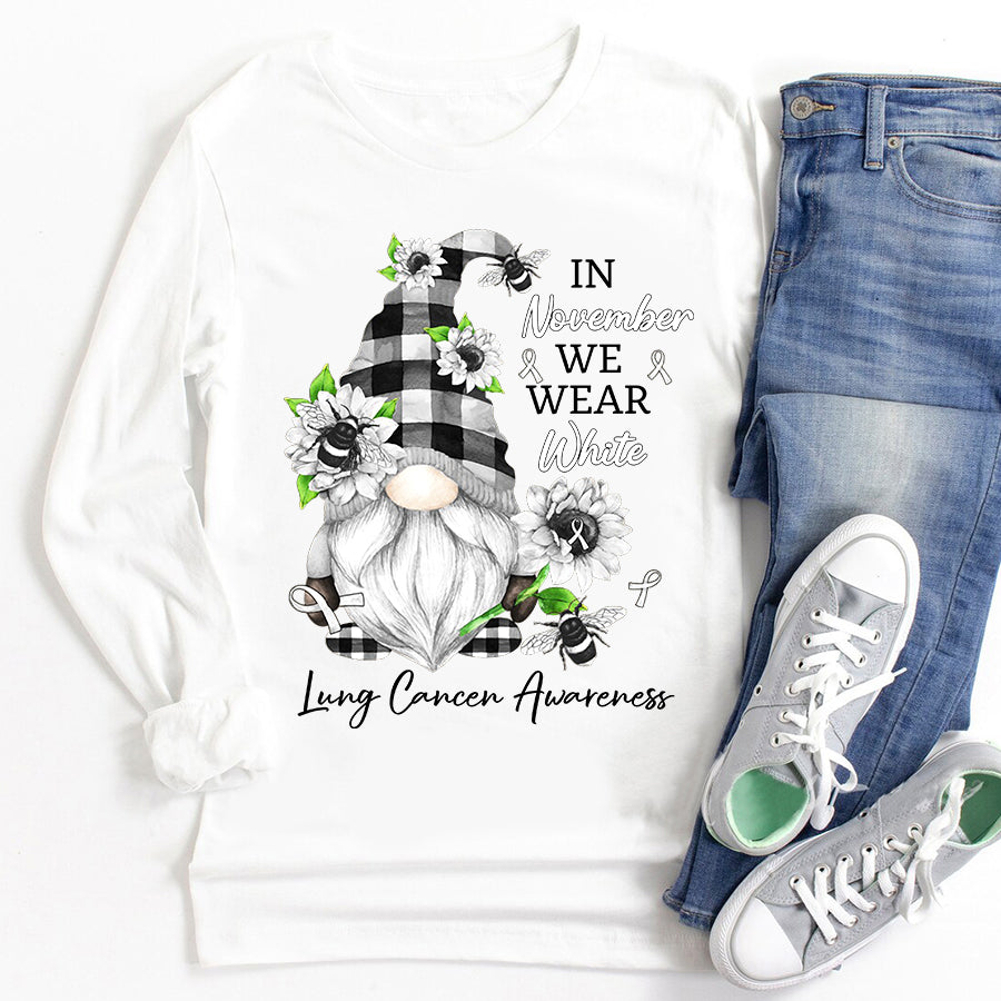In November We Wear White Lung Cancer Awareness Gnomes T Shirt , Lung Cancer Awareness Ribbon Day, White Ribbon