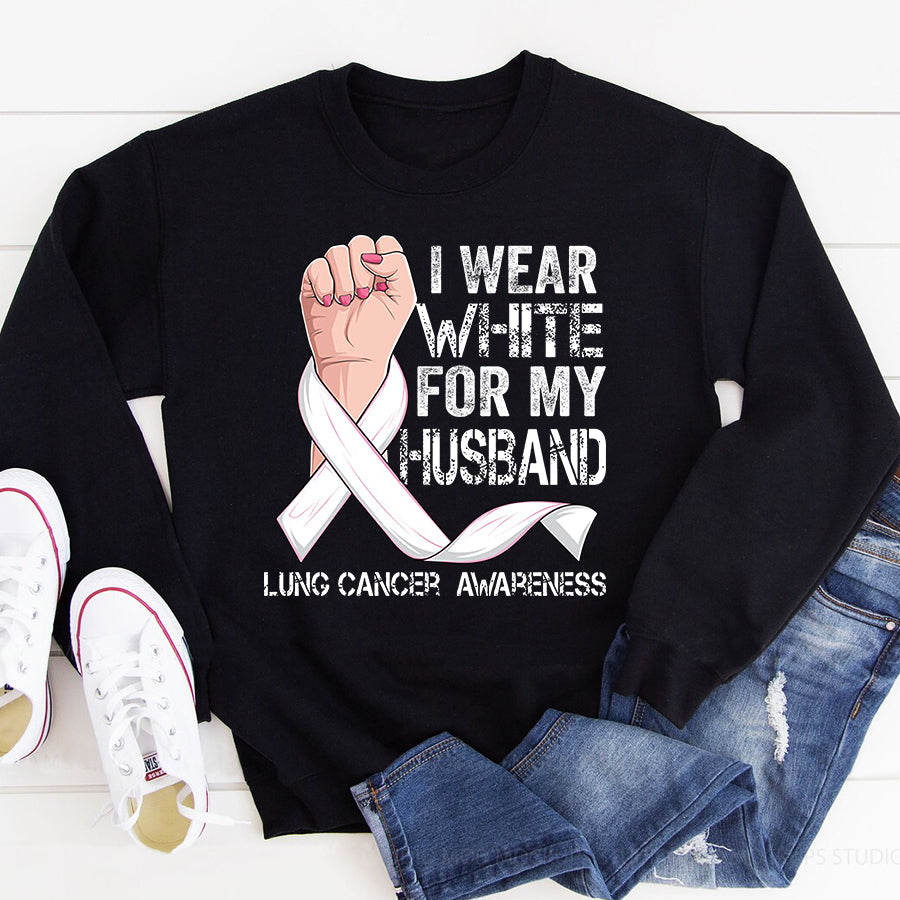 I Wear White For My Husband Lung Cancer Awareness T Shirt , Lung Cancer Awareness Ribbon Day Shirt , White Ribbon Gift