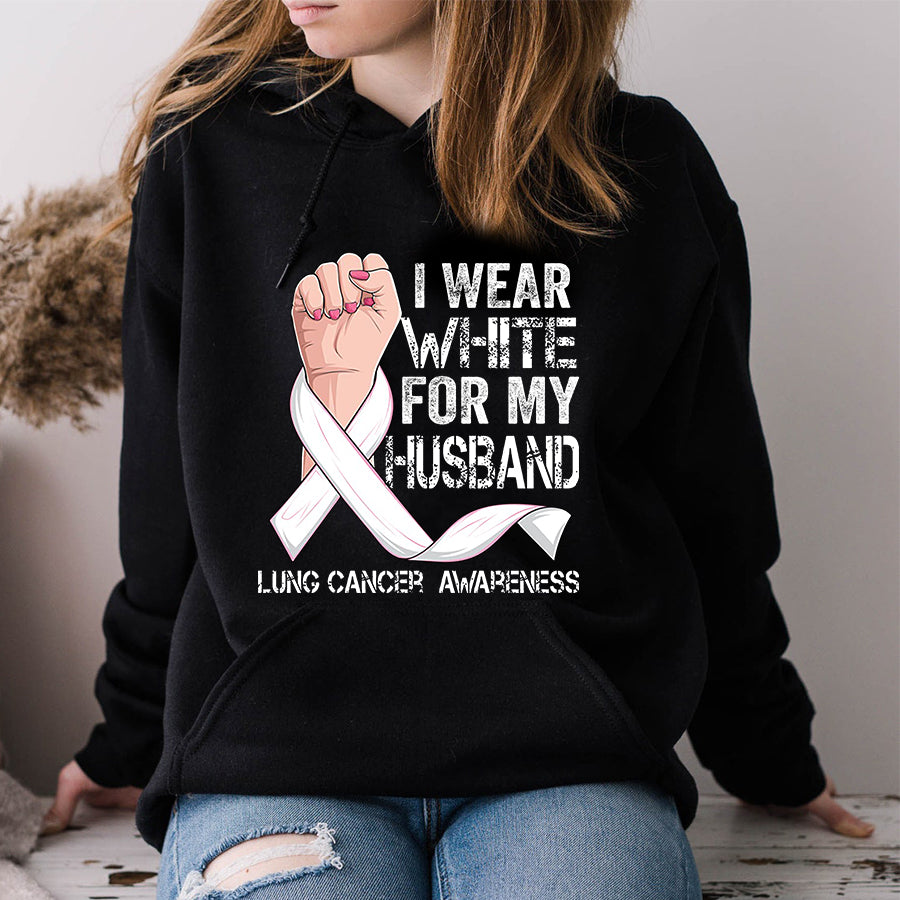 I Wear White For My Husband Lung Cancer Awareness T Shirt , Lung Cancer Awareness Ribbon Day Shirt , White Ribbon Gift