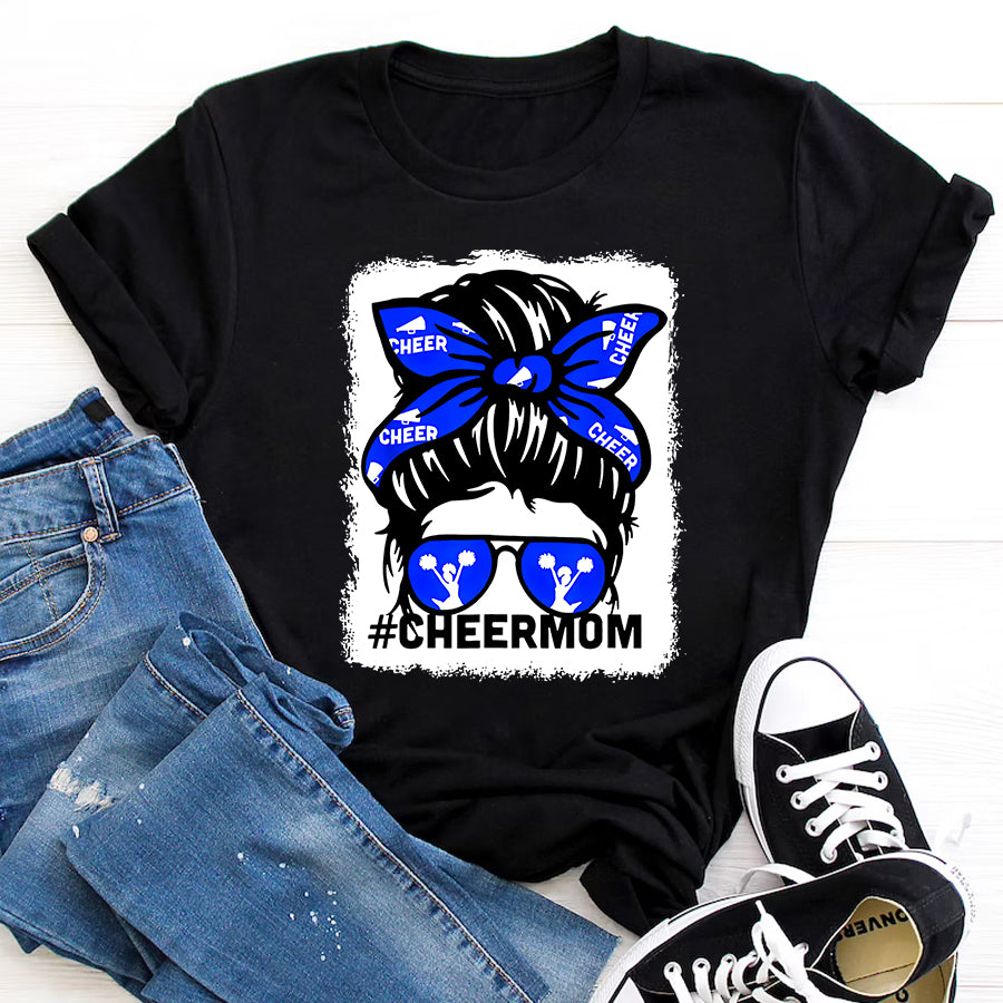 Cheer Mom Shirt Bleached Cheer Mother Mama Parent Cheerleading Mom Messy Bun T-Shirt Mothers Day Shirts for Women