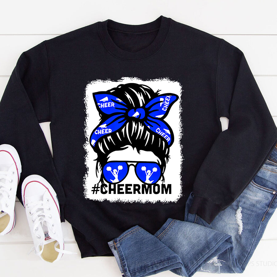 Cheer Mom Shirt Bleached Cheer Mother Mama Parent Cheerleading Mom Messy Bun T-Shirt Mothers Day Shirts for Women