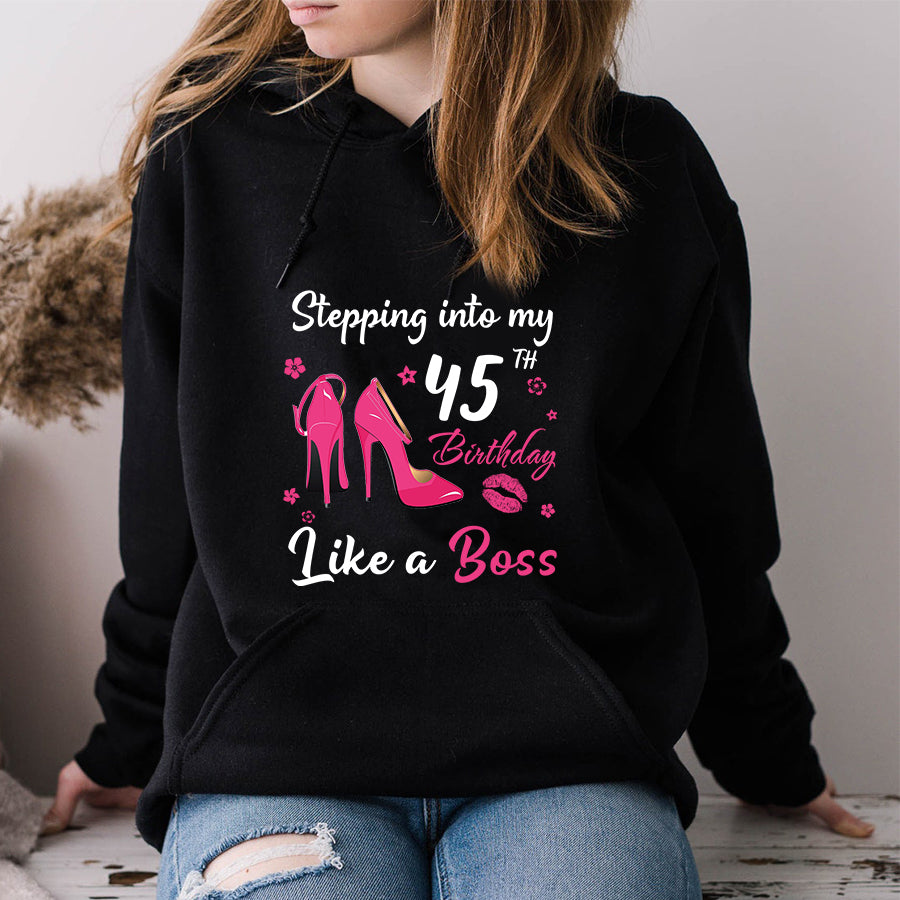 Stepping into my 45th Birthday Like a Boss, 45th birthday unique gifts for woman, 45th birthday ideas, Turning 45 years old cotton shirt