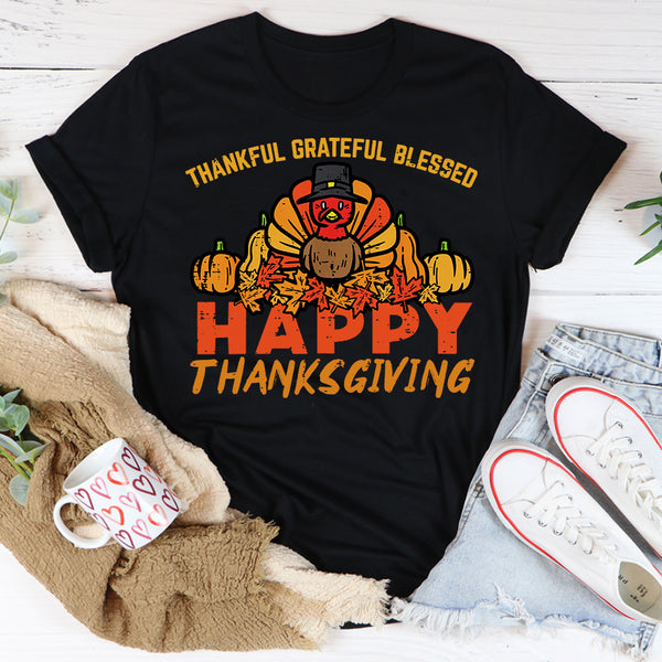 PECHAR Thanksgiving Shirts For Women - Thankful Grateful Blessed Tee, Funny Fall T-Shirt With WTF Wine Turkey Family Design - View #4