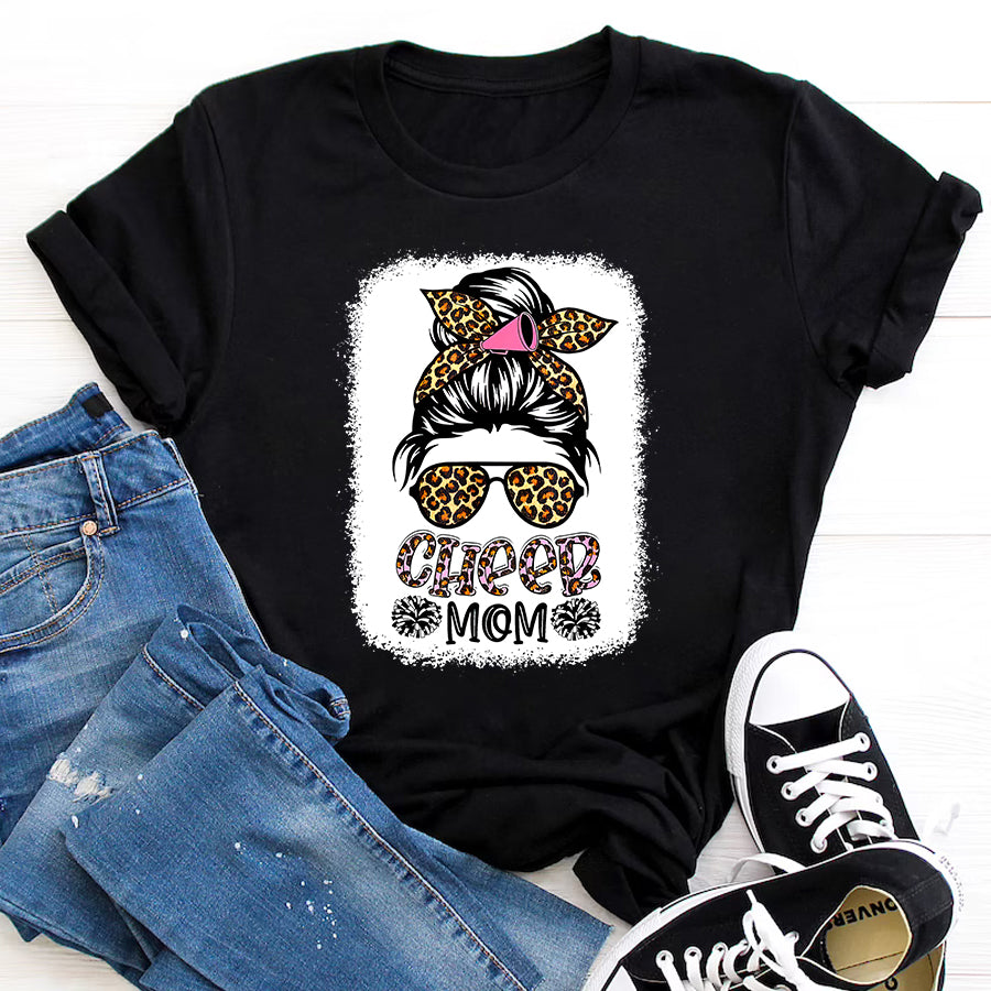 Cheer Mom Shirt Cheer Mom Leopard Messy Bun Cheerleader Bleached Mothers Day T-Shirt Mothers Day Shirts for Women