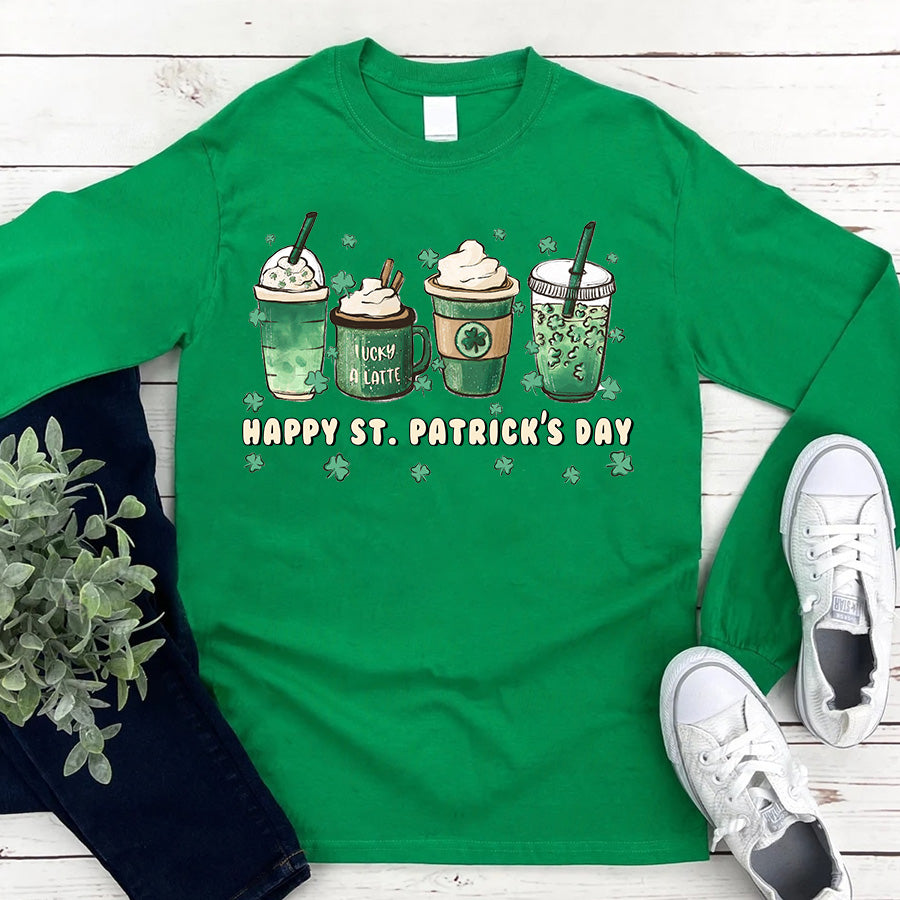 St. Patrick&#39;s coffee Shirts, Lucky latte lover iced cute funny gifts, Shamrock Shirt, Saint Patricks Day Shirt