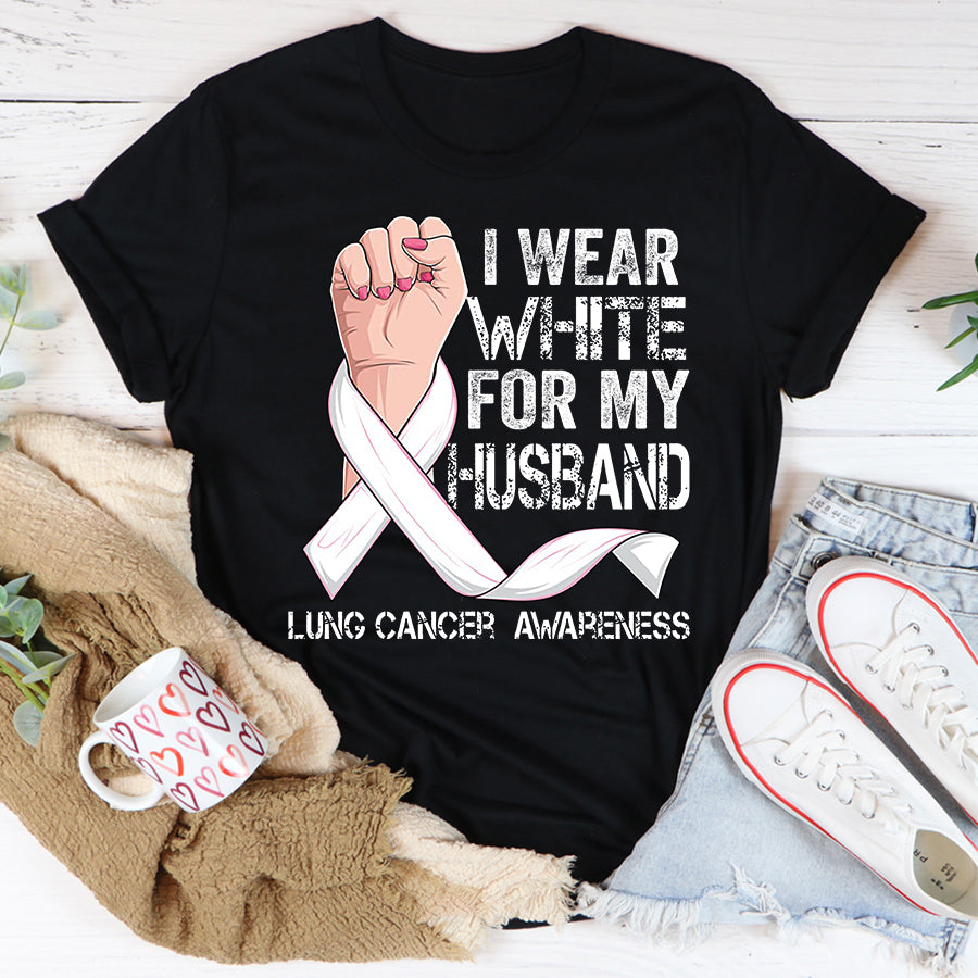 I Wear White For My Husband Lung Cancer Awareness T Shirt , Lung Cancer Awareness Ribbon Day Shirt , White Ribbon Gift