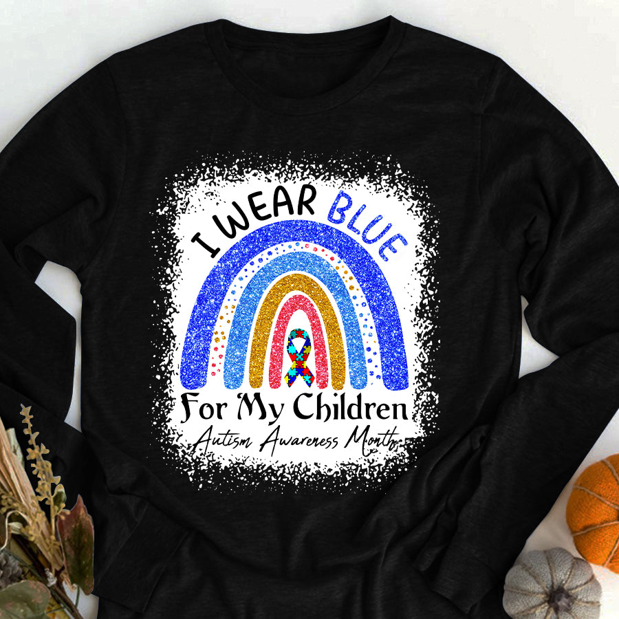 I Wear Blue For My Children Autism Awareness Rainbow T-Shirt Dad Mom Autism Awareness Shirt