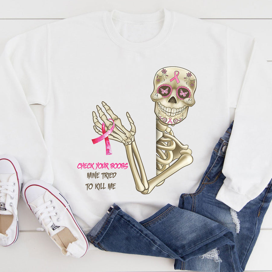 Breast Cancer Awareness Shirts Check Your Boobs Mine Tried to Kill Me Breast Cancer T-Shirt
