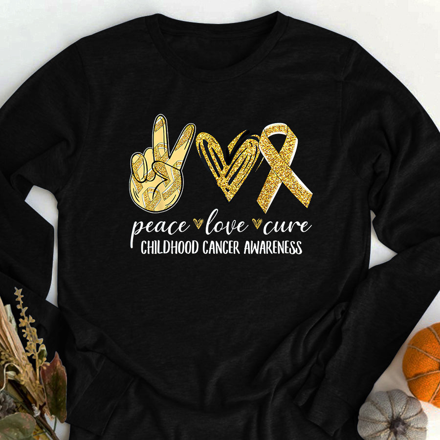 Childhood Cancer Awareness Shirt Peace Love Cure Childhood Cancer Awareness Gold Ribbon T-Shirt