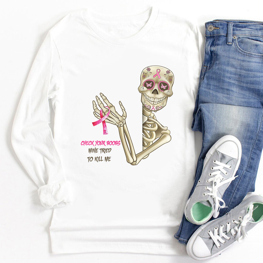 Breast Cancer Awareness Shirts Check Your Boobs Mine Tried to Kill Me Breast Cancer T-Shirt