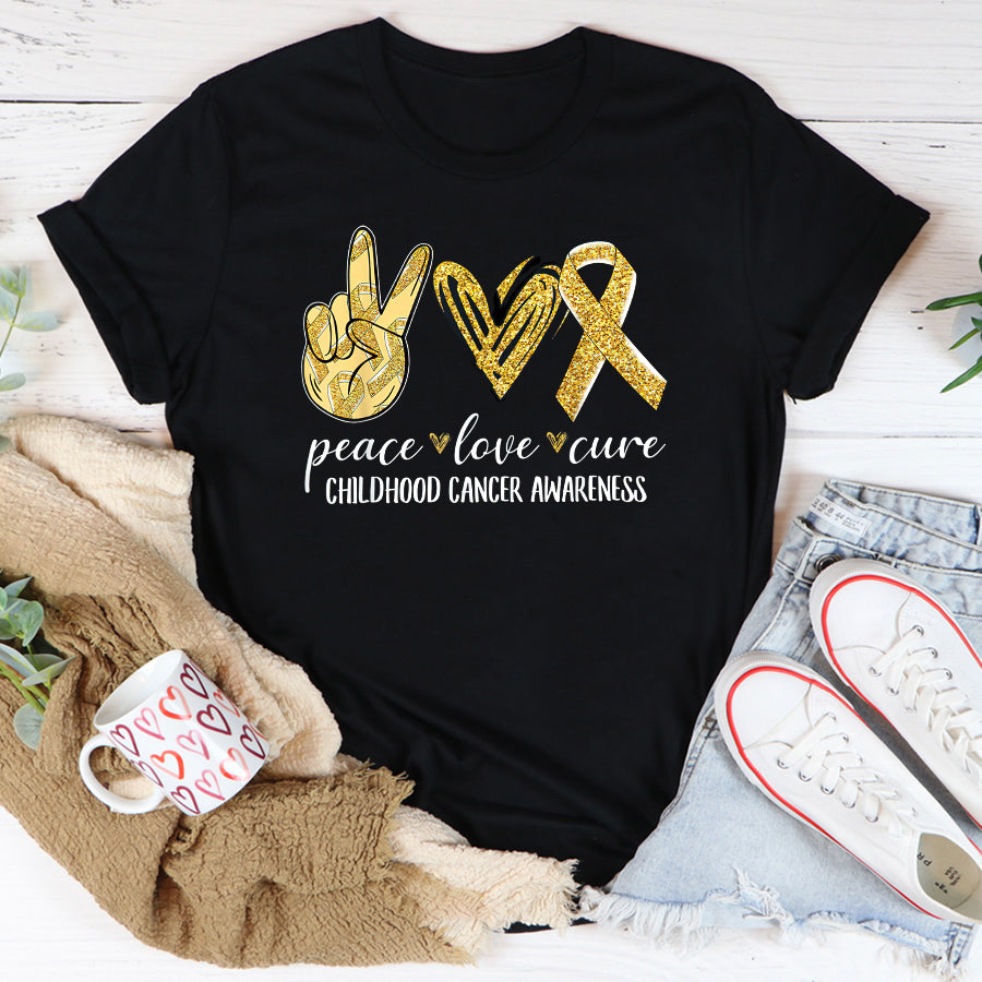 Childhood Cancer Awareness Shirt Peace Love Cure Childhood Cancer Awareness Gold Ribbon T-Shirt