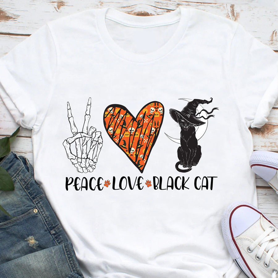 Peace love black cat halloween t shirts, funny halloween shirt, skull pumpkin lover Unisex t shirts