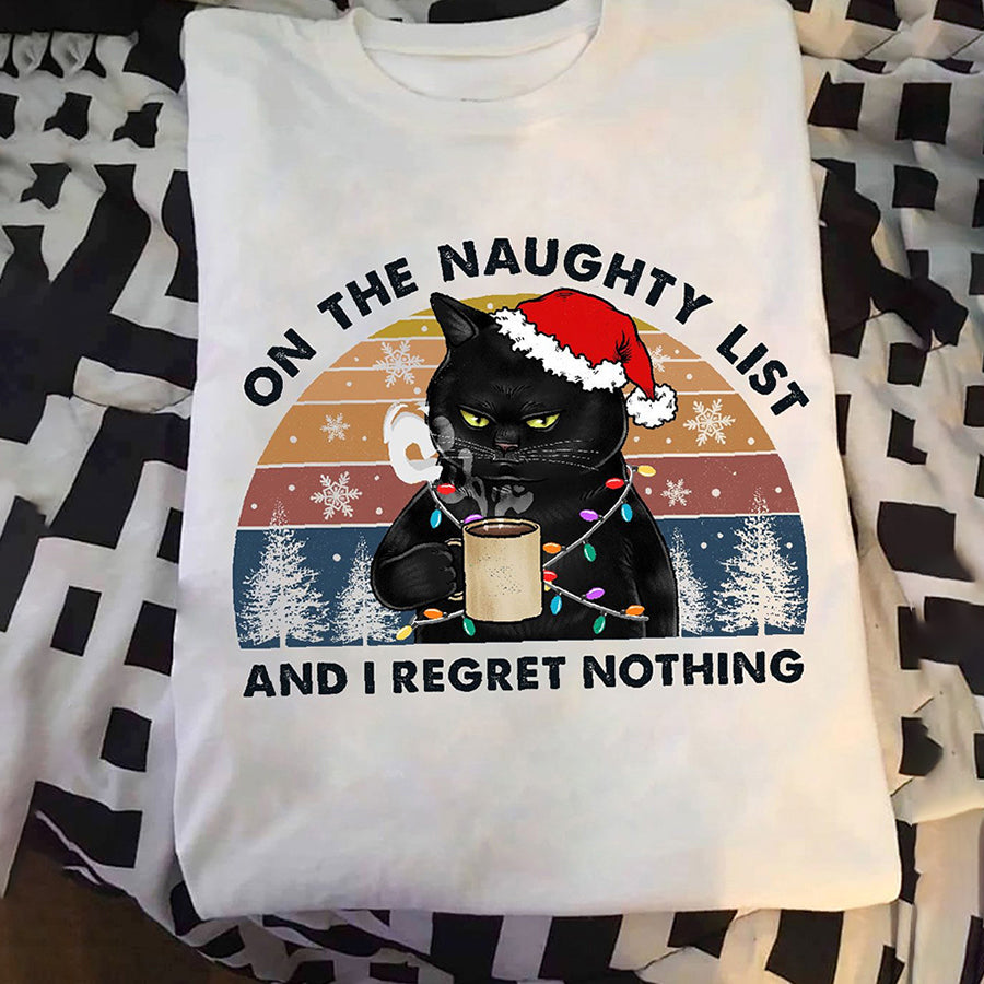 On the naughty list christmas t shirt, Black Cat christmas t shirt, coffe Cat lover best christmas gifts unisex shirt