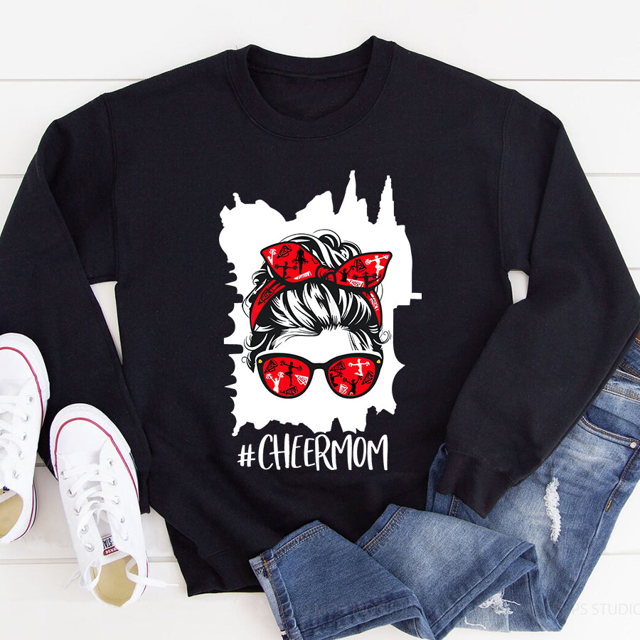 Cheer Mom Shirt Womens Funny Cheerleading Mom Messy Bun Cheer Mom T-Shirt Mothers Day Shirts for Women