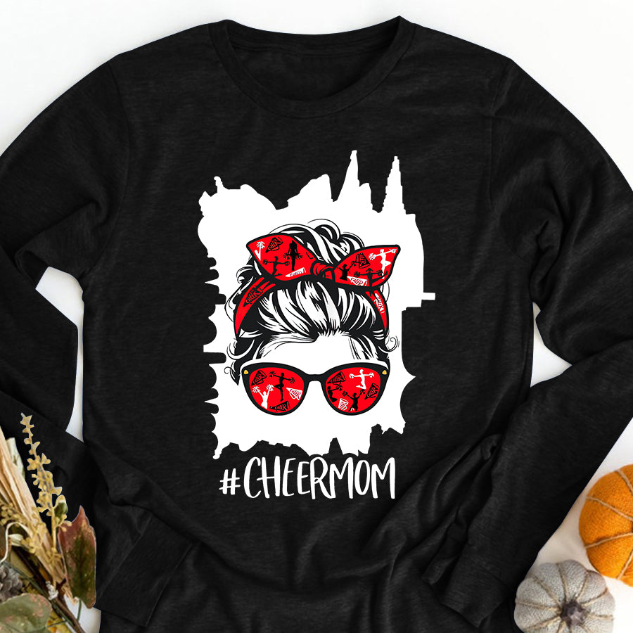 Cheer Mom Shirt Womens Funny Cheerleading Mom Messy Bun Cheer Mom T-Shirt Mothers Day Shirts for Women