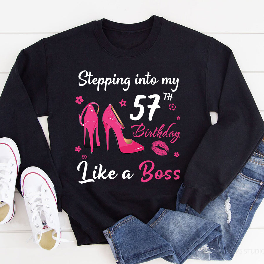 Stepping into my 57th Birthday Like a Boss, 57th birthday unique gifts for woman, 57th birthday ideas, Turning 57 years old cotton shirt