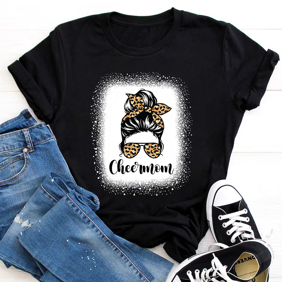 Cheer Mom Shirt Cheer Mom Leopard Messy Bun Lovers Mother Soccer Lover T-Shirt Mothers Day Shirts for Women