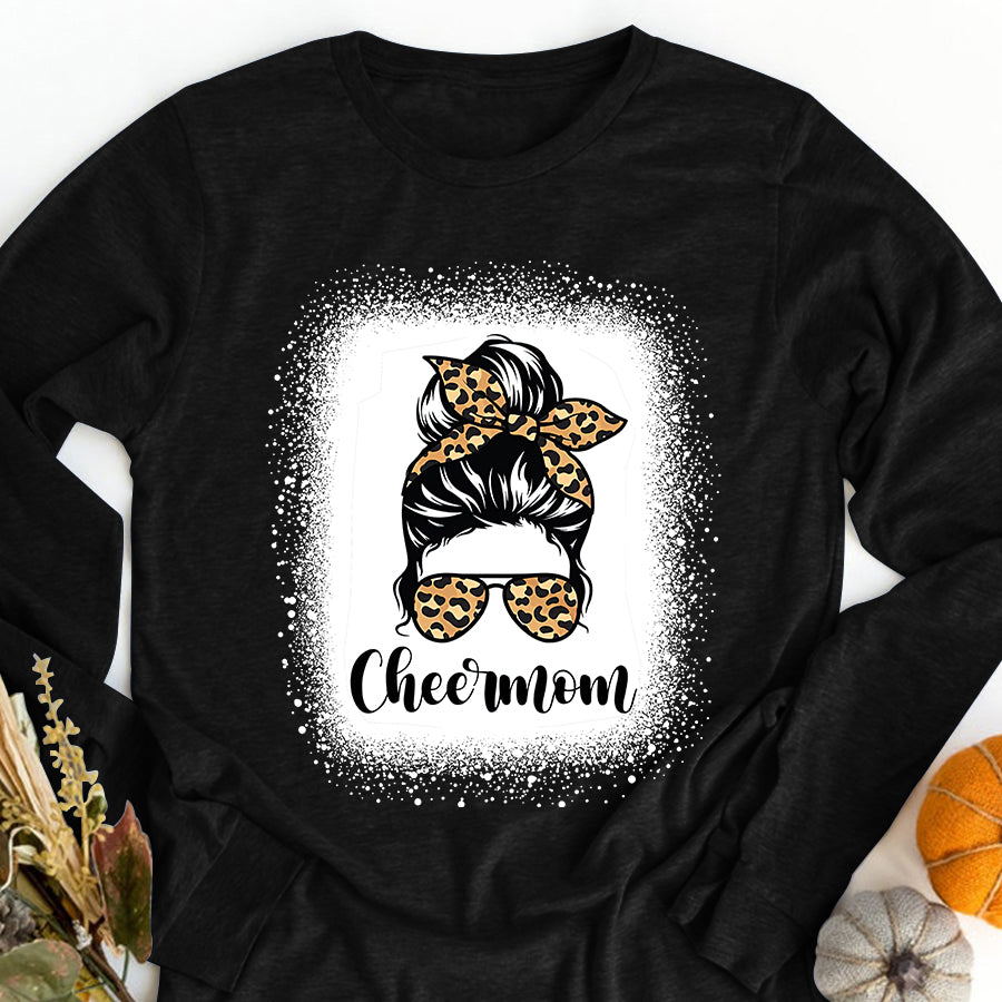 Cheer Mom Shirt Cheer Mom Leopard Messy Bun Lovers Mother Soccer Lover T-Shirt Mothers Day Shirts for Women