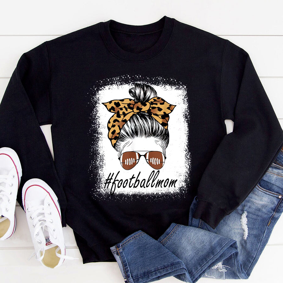 Football Mom Shirt Football Mom Messy Bun Leopard Mom Life Women Game Day T-Shirt Mothers Day Shirts for Women