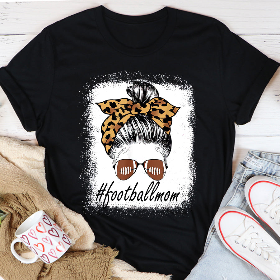 Football Mom Shirt Football Mom Messy Bun Leopard Mom Life Women Game Day T-Shirt Mothers Day Shirts for Women