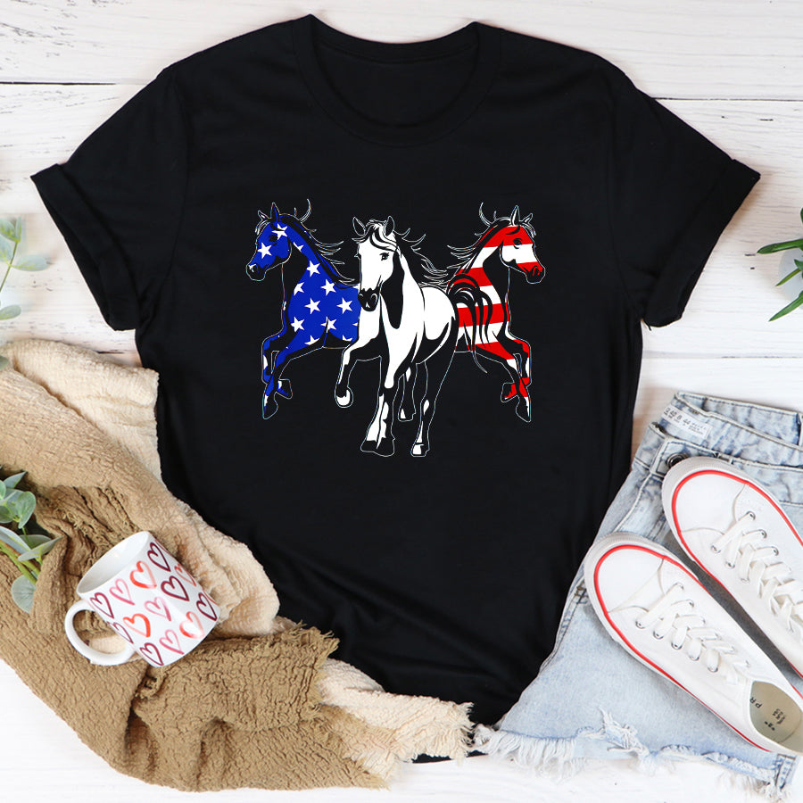 Independence Day Shirt American Flag Print Patriotic Horse Independence Day T-Shirt