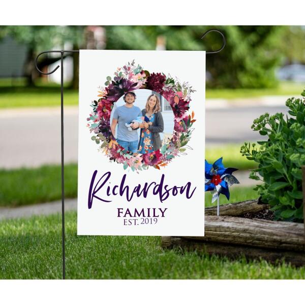 Personalized Garden Flag Small Vertical Double Sided Customize Yard House Floral Wreath Family Name and Image Upload