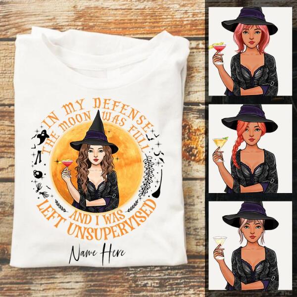 Personalized witch wine the moon was full and i was left unsupervised halloween t shirt, cute halloween Shirts, Witch t shirt, gift For Women