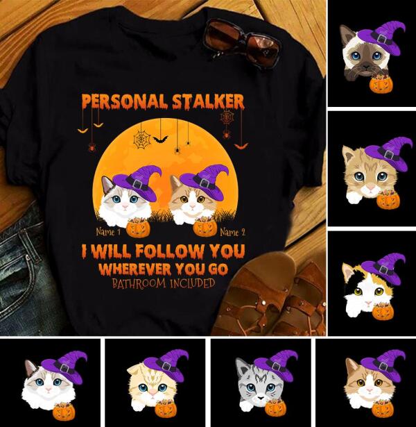 Personalized cat i will follow you wherever you go bathroom Halloween t shirt, Cute halloween Shirt, Cat halloween tees, Pumpkin Shirt, gift For Women