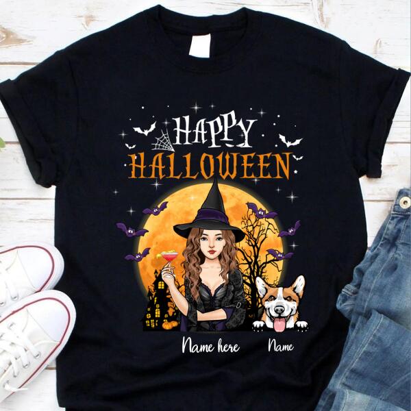 Personalized Dog witch happy halloween shirts, funny dog shirts, wine lover witch t shirt, Tees for women