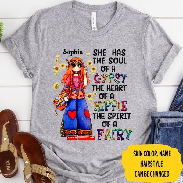 Personalized Hippie Girl, she has the soul of a gypsy the heart of a hippie and the spirit of a hippie t-shirt, gift for hippies