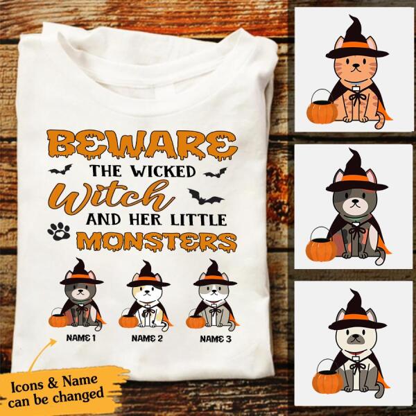 Personalized Cat halloween shirt, Beware the wicked witch and her little monsters Halloween t shirt, witch shirt, tees for women