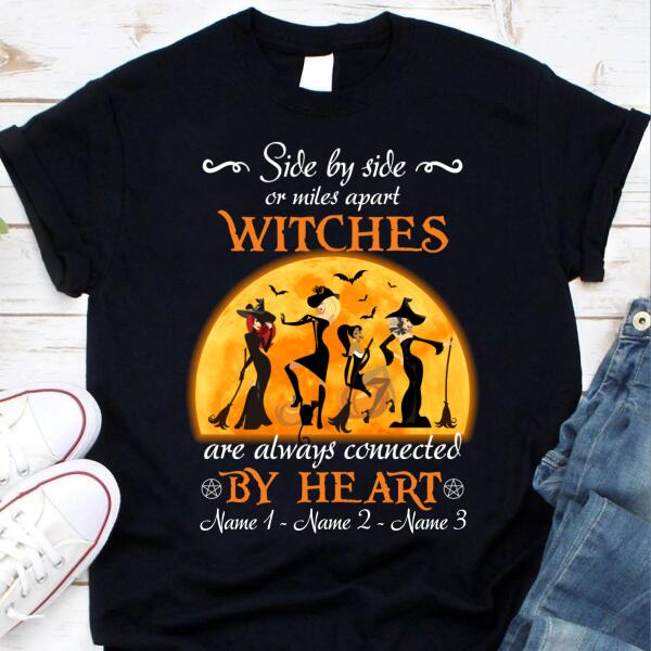 side by side or miles apart witches are always connected by heart halloween shirt, witch t shirt, friend halloween shirt, Tees for Women