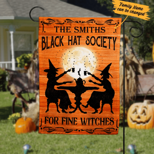 Black hat society for fine witches halloween garden flag, Family Flag, Black cat Witch garden Flag, Decorating For Halloween