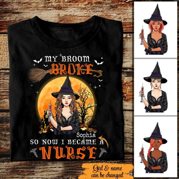 Personalized Nurse Gifts, My broom broke so now i became a Nurse Halloween Shirt, Funny halloween t shirts, CNA Tshirt, nurse gift ideas, Cotton Shirt For Women