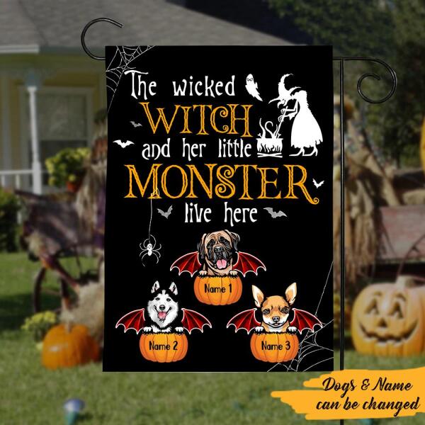 Personalized Dog the wicked witch and her little monster live here halloween Flag, Dog garden flag, witch flag
