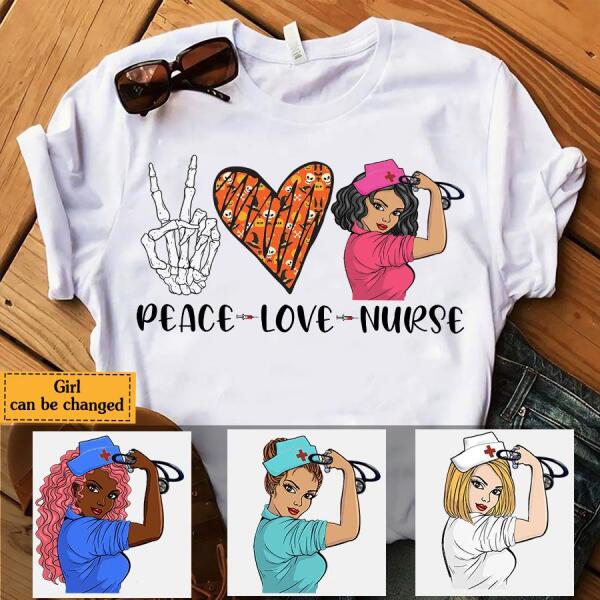 Personalized Nurse Gifts, Peace Love Nurse Halloween Shirts, CNA Tshirt, Pumpkin Skull lover Gift For Women
