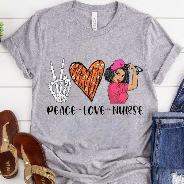 Personalized Nurse Gifts, Peace Love Nurse Halloween Shirts, CNA Tshirt, Pumpkin Skull lover Gift For Women