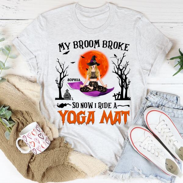 Personalized tshirt, my broom broke so now i ride a yoga mat shirt, Witched Yoga T Shirt, Halloween T Shirt, Halloween Gift For Yoga Lovers