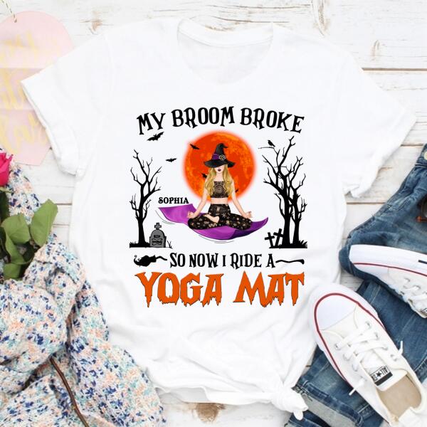Personalized tshirt, my broom broke so now i ride a yoga mat shirt, Witched Yoga T Shirt, Halloween T Shirt, Halloween Gift For Yoga Lovers