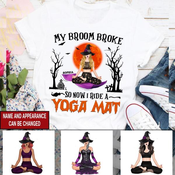 Personalized tshirt, my broom broke so now i ride a yoga mat shirt, Witched Yoga T Shirt, Halloween T Shirt, Halloween Gift For Yoga Lovers