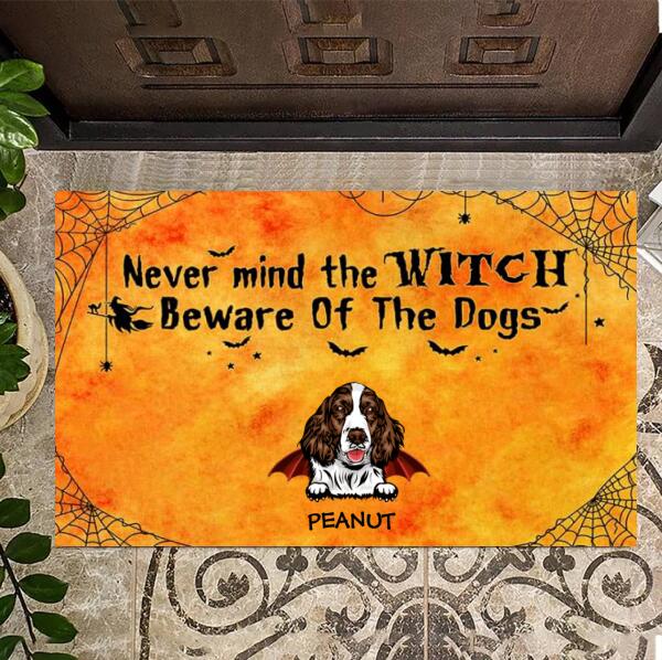 Never mind the witch beware of the Dogs Halloween doormat, Personalized Dog Doormat, Cute Indoor Door Mats, Decor Home