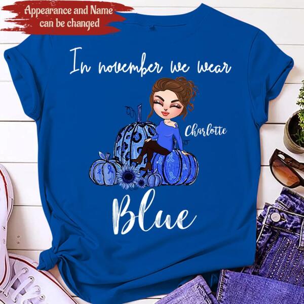 In November We Wear Blue. Personalized Shirt - Gift For Breast Cancer Supporters - Cartoon Girl