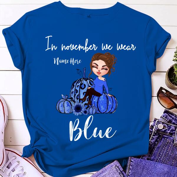 In November We Wear Blue. Personalized Shirt - Gift For Breast Cancer Supporters - Cartoon Girl