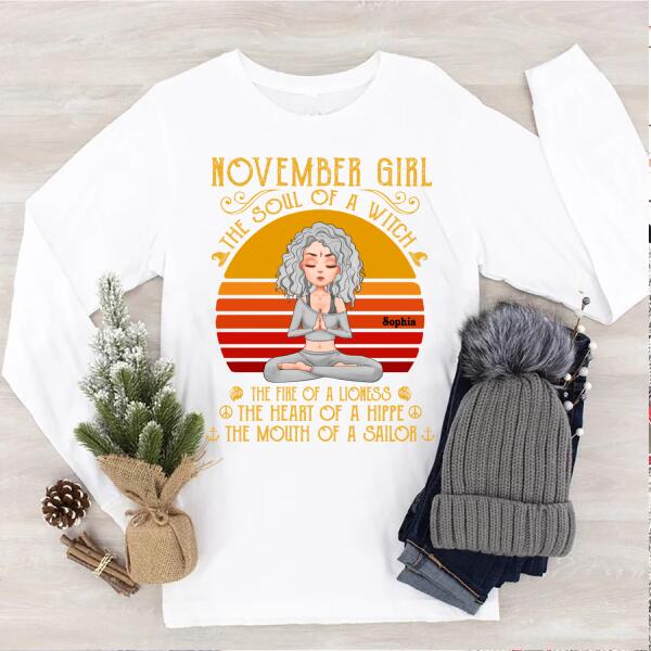 Personalized Birthday T Shirt, The soul of a witch, The fire of a lioness, The heart of a hippie, The mouth of a sailor, Birthday Gifts For Yoga Lovers