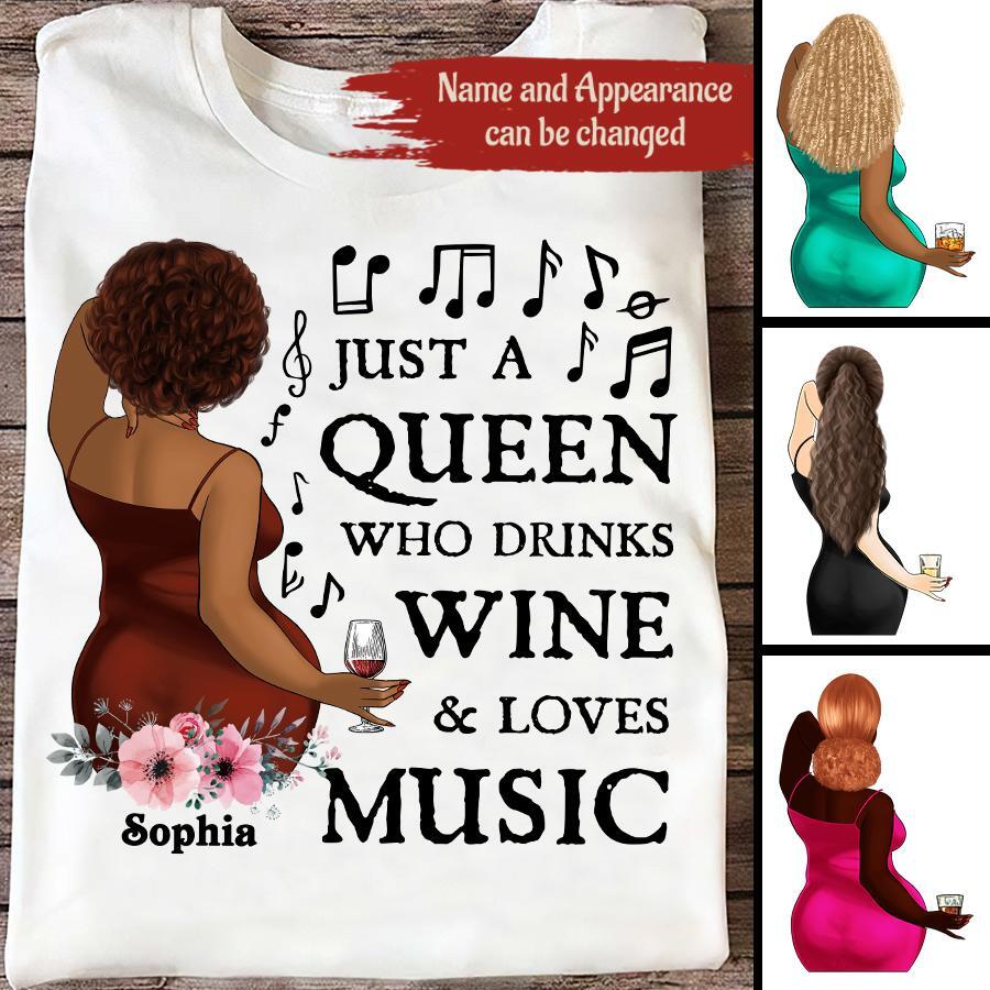 Just A Queen Loves Music & Wine, Personalized Shirt, Gift For Black Queen, Music Lovers, Wine Lovers
