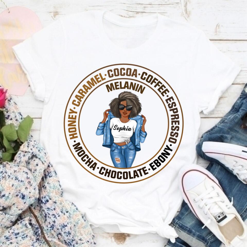 Melanin Shirt, Ebony Chocolate Mocha Espresso Coffee Cocoa Caramel, Nubian Melanin Black Girl Shirt, Afro Woman Shirt, Black Queen Shirt