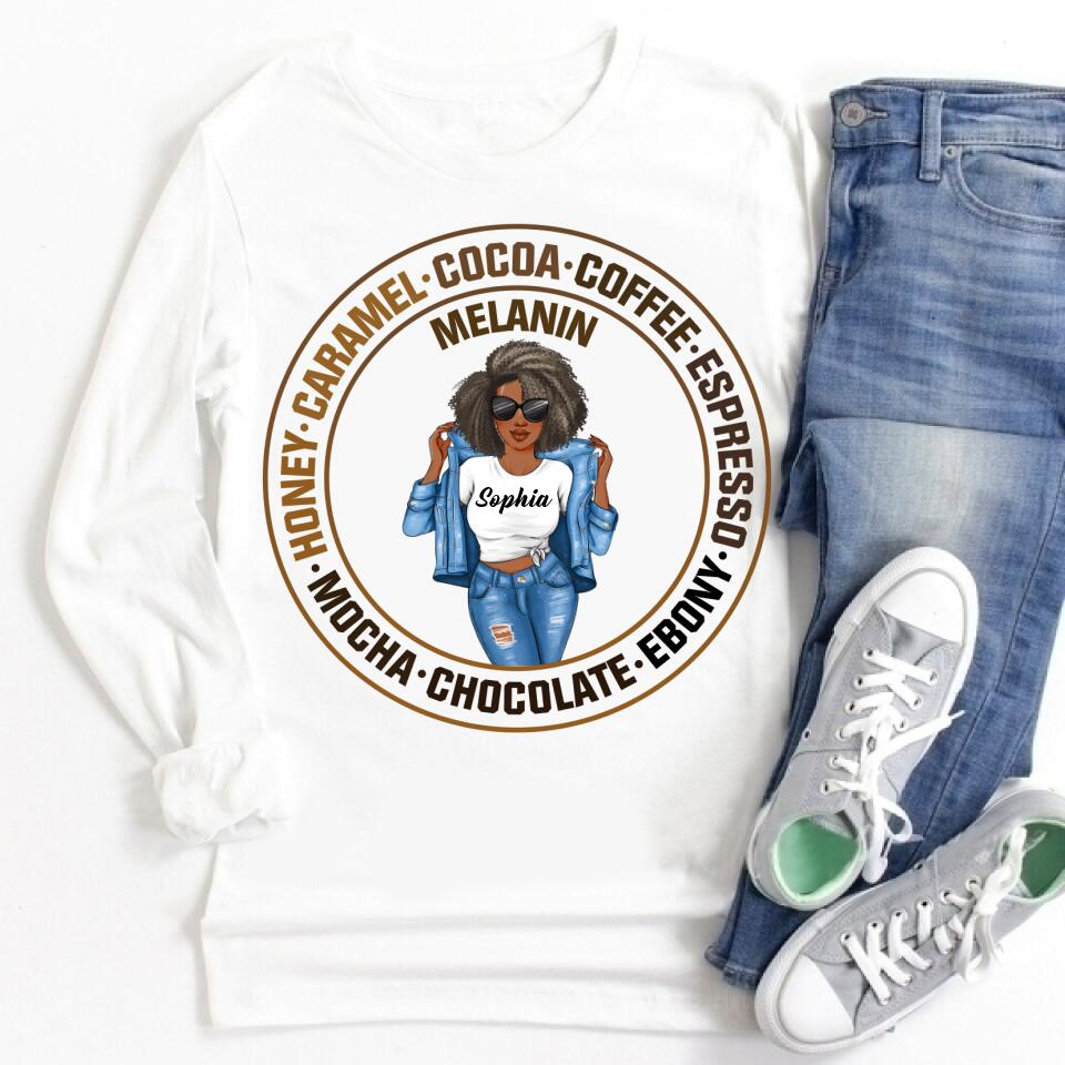 Melanin Shirt, Ebony Chocolate Mocha Espresso Coffee Cocoa Caramel, Nubian Melanin Black Girl Shirt, Afro Woman Shirt, Black Queen Shirt