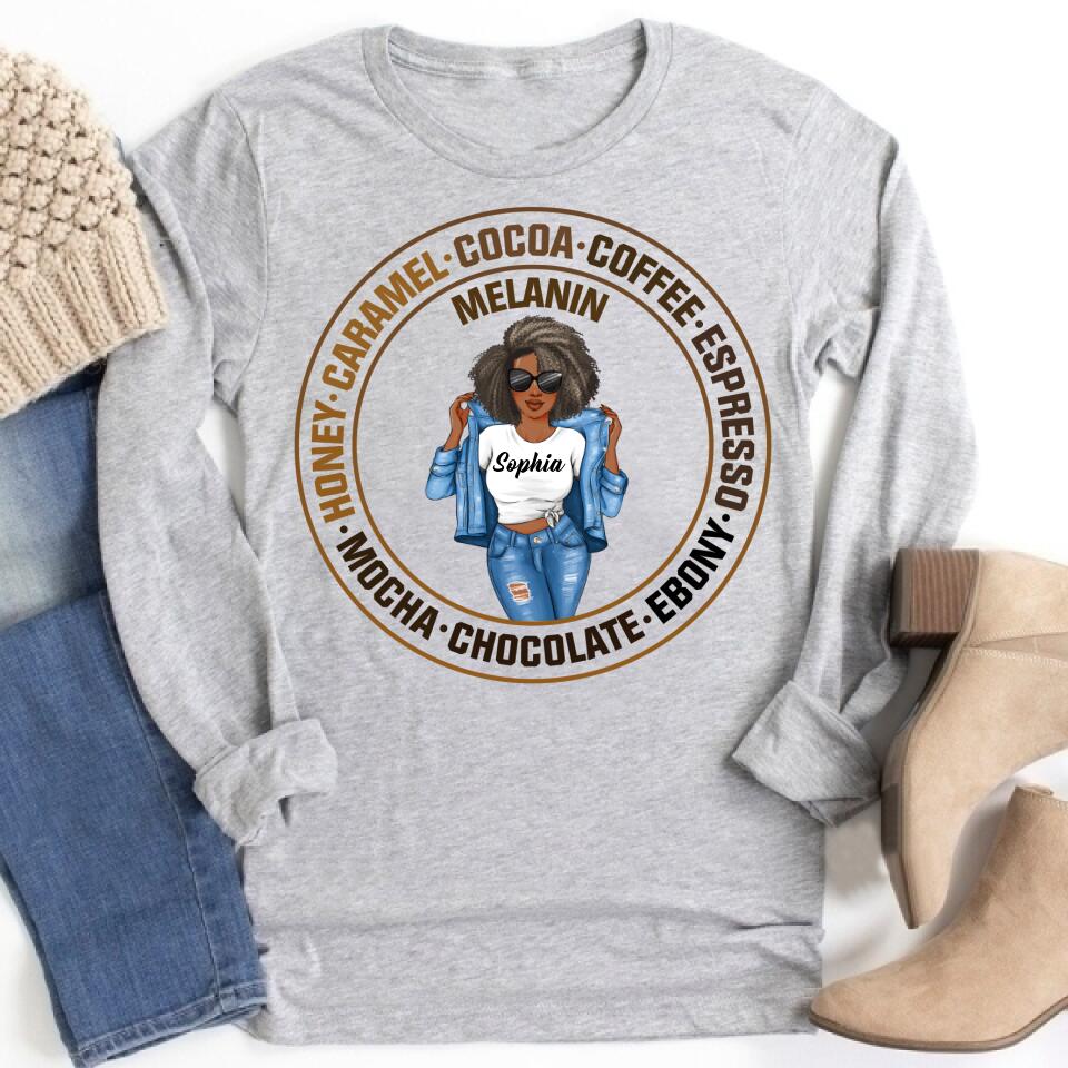 Melanin Shirt, Ebony Chocolate Mocha Espresso Coffee Cocoa Caramel, Nubian Melanin Black Girl Shirt, Afro Woman Shirt, Black Queen Shirt