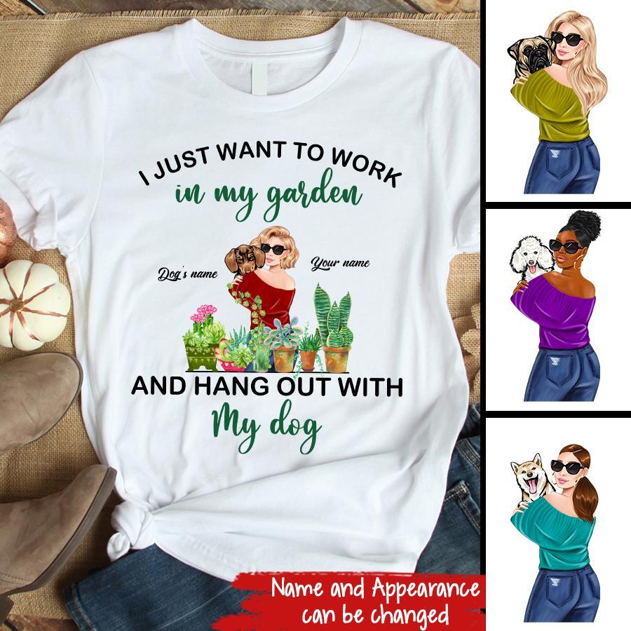 Garden tshirt, Funny Gardening t shirts, t shirt I just want to work in my garden, Gift For Gardeners, Plant Lovers, I just want to work in my garden and hang out with my dog